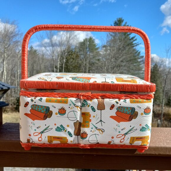 Fabric Covered Sewing Storage Box with Handle Resembles Singer - Picture 3 of 11